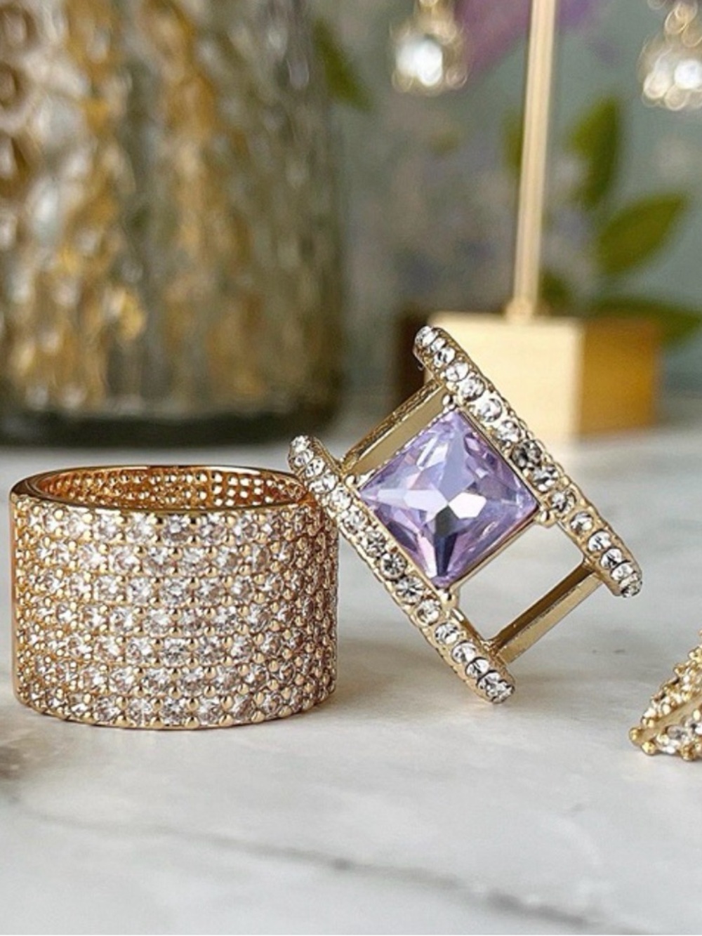 Park Lane Blossom Gold-Tone Ring with Lavender Square Crystal Sz 8